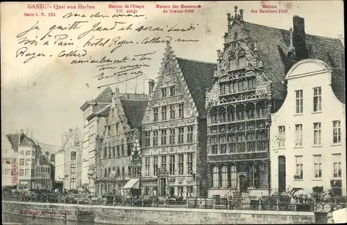 Ak Gand Gent Ostflandern, Quai aux Herbes, Maison de l'Etape XII, Maison des Mesureux de Grales