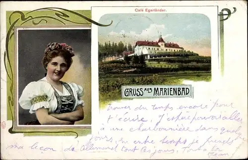 Passepartout Ak Mariánské Lázně Marienbad Region Karlsbad, Café Engländer, Frau in Tracht