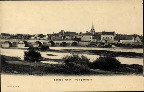 Ak Selles sur Cher Loir et Cher, vue générale, pont