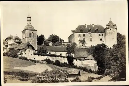 Ak Gruyères Kanton Freiburg Schweiz, Le Chateau et l'Eglise