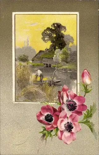 Künstler Ak Landschaft, Fluss, Boot, Blumen