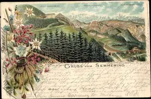 Litho Semmering in Niederösterreich, Panorama, Blumen, Wappen, Hotel Semmering