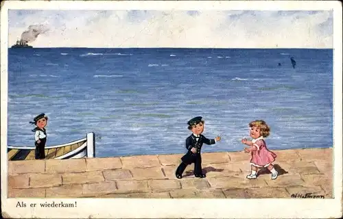 Künstler Ak Hoffmann, Ad., Als er wiederkam, Matrose mit Partnerin am Kai, Soldatenliebe