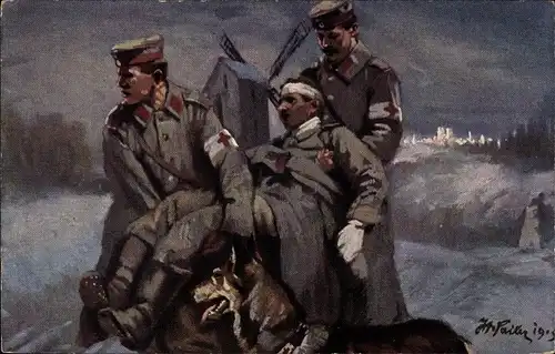 Künstler Ak Verwundeter wird von Sanitätern abtransportiert, Sanitätshund, I. WK