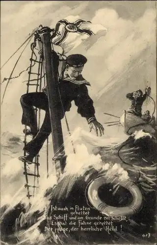 Künstler Ak Ist auch in Fluten gebettet das Schiff, Verunglückter Matrose, Rettungsring