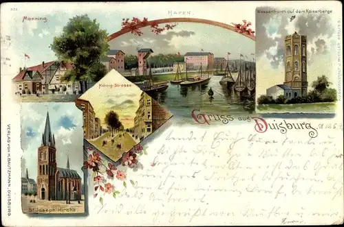 Litho Duisburg im Ruhrgebiet, Monning, Hafen, Wasserturm, Kaiserberg, Königstraße, St. Joseph Kirche