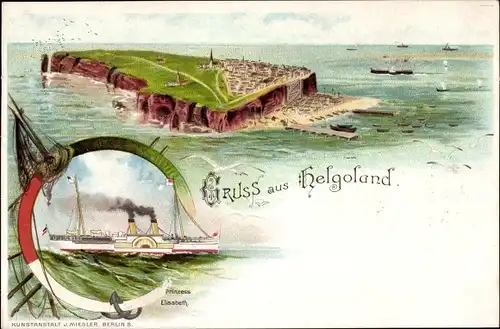 Litho Helgoland, Gesamtansicht, HAPAG Seebäderschiff Prinzess Elisabeth