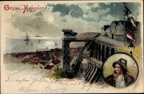 Mondschein Litho Nordseeinsel Helgoland, Treppe, Fahrstuhl, Flaggen, Seemann