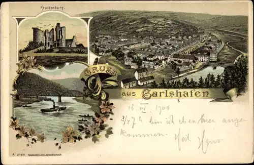 Litho Bad Karlshafen an der Oberweser Hessen, Kruckenburg, Flussdampfer, Panorama