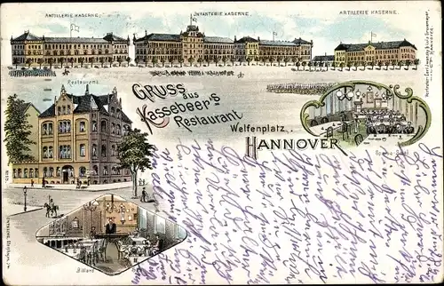 Litho Hannover, Welfenplatz, Infanterie Kaserne, Artillerie Kaserne, Restaurant Kassebeer