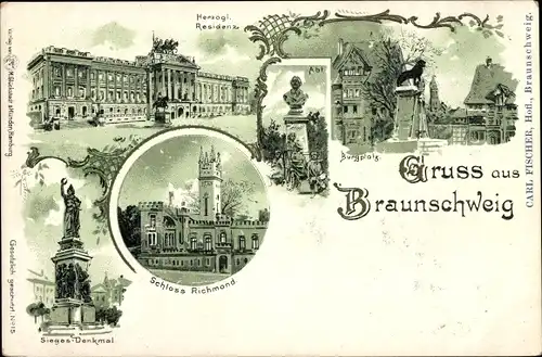 Litho Braunschweig, Schloss Richmond, Burgplatz, Herzogliche Residenz, Siegesdenkmal