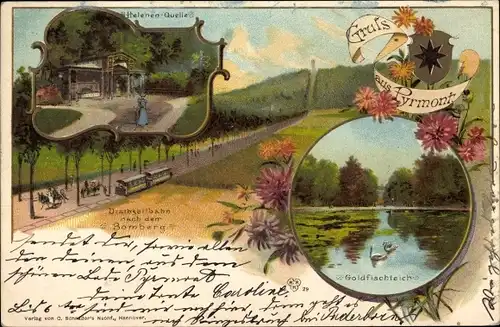 Litho Bad Pyrmont in Niedersachsen, Helenenquelle, Drahtseilbahn nach dem Bomberg, Teich