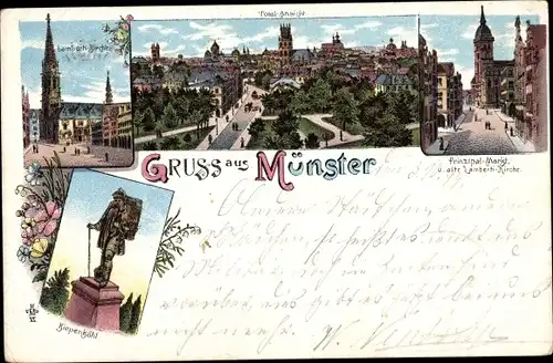 Litho Münster in Westfalen, Lambertikirche, Kiepenkähl, Prinzipalmarkt, Totalansicht