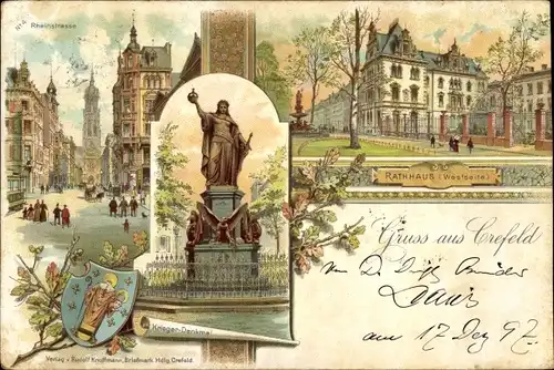 Litho Krefeld am Niederrhein, Rheinstraße, Rathaus, Kriegerdenkmal, Wappen