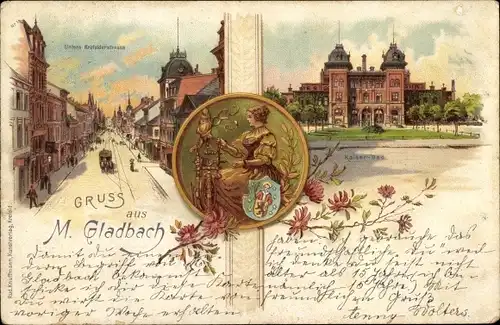 Litho Mönchengladbach am Niederrhein, Untere Krefelder Straße, Kaiserbau, Frau am Spinnrad, Wappen