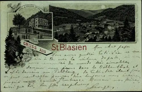 Mondschein Litho Sankt Blasien im Schwarzwald, Hotel und Pension Krone, Gesamtansicht