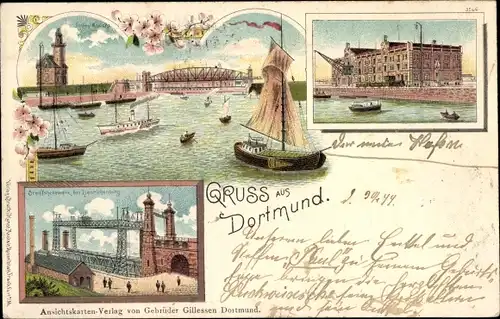 Litho Dortmund im Ruhrgebiet, Hafen, Schiffshebewerk Henrichenburg