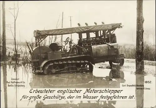 Ak Erbeuteter englischer Motorschlepper für große Geschütze, im Wasser festgefahren, I WK