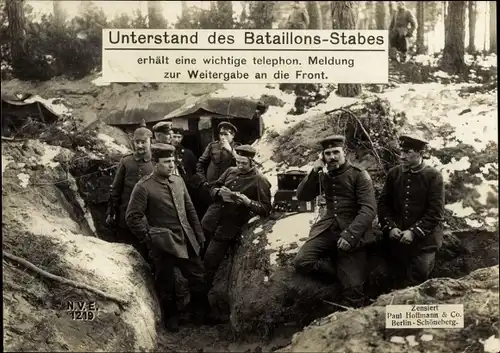 Ak Unterstand des Bataillons-Stabes, Feldtelefon, Soldaten, I WK