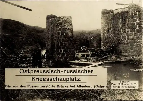 Ak Druschba Allenburg Ostpreußen, Von Russen zerstörte Brücke, Kriegszerstörungen, I WK