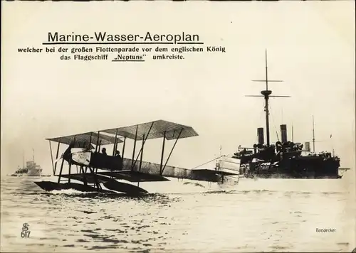Ak Marine-Wasser-Aeroplan, Flottenparade vor König Georg V, Britisches Kriegsschiff, Neptun