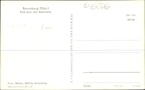 Ak Ronneburg in Thüringen, Blick über den Baderteich