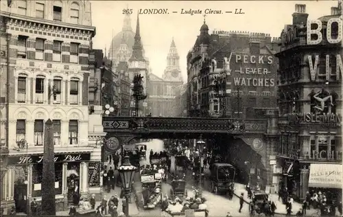 AK London City, St. Paul&#39;s Cathedral und Ludgate Circus, Werbung Peck&#39;s Lever Watches