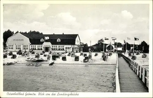 Ak Ostseebad Grömitz in Holstein, Landungsbrücke, Strandhalle