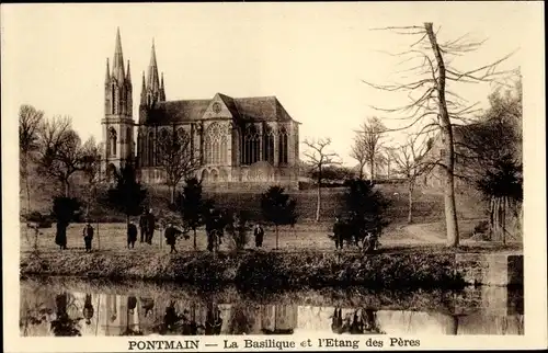 Ak Pontmain Mayenne, Basilika und der Teich der Väter
