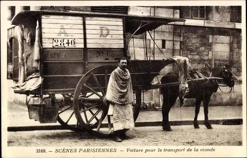 Ak Paris, Scenes Parisiennes, Voiture pour le transport de la viande, Fuhrwerk