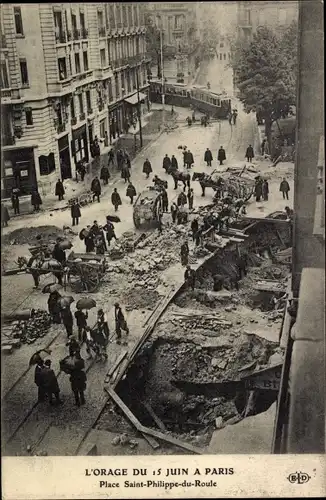 Ak Paris VIII, L'Orage du 15 Juin, Place Saint Philippe du Roule, Straßenbahn