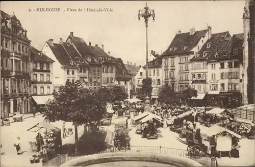 Ak Mulhouse Mülhausen Elsass Haut Rhin, Rathausplatz, Geschäft E. Obrecht, Markt