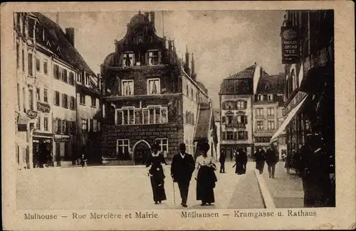Ak Mulhouse Mülhausen Elsass Haut Rhin, Rue Mercière und Rathaus, Rathaus