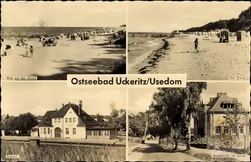 Ak Ückeritz Usedom an der Ostsee, Strand, Bahnhof, Strandstraße, Schule