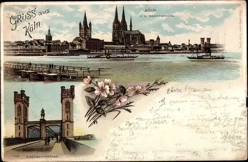 Litho Köln am Rhein, Panorama, Dom, Schiffbrücke, Eisenbahnbrücke