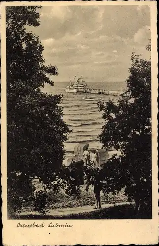 Ak Ostseebad Lubmin Vorpommern, Blick auf Meer, Schiff, Anleger, Strandkörbe