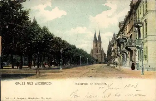 Ak Wiesbaden in Hessen, Rheinstraße und Ringkirche