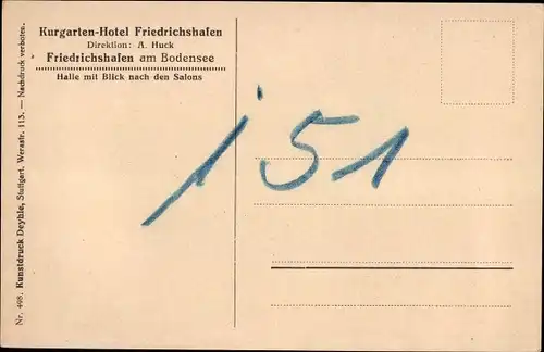 Ak Friedrichshafen am Bodensee, Kurgarten Hotel, Dir. A. Huck, Halle, Salons