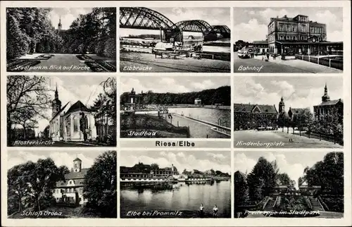 Ak Riesa an der Elbe Sachsen, Stadtpark, Elbbrücke, Bahnhof, Hindenburgplatz, Stadtbad