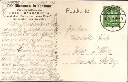 Ak Konstanz am Bodensee, Hotel Barbarossa, Obermarkt, Haus zum hohen Hafen