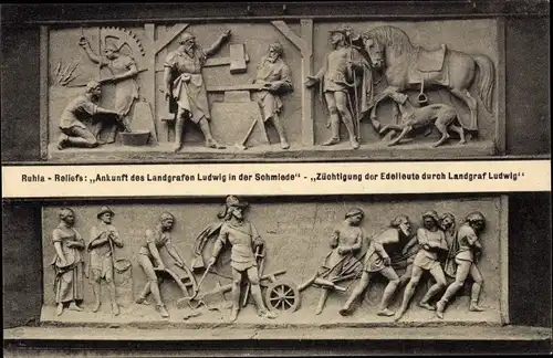 Ak Ruhla in Thüringen, Reliefs, Ankunft Landgraf Ludwig in der Schmiede, Züchtigung der Edelleute