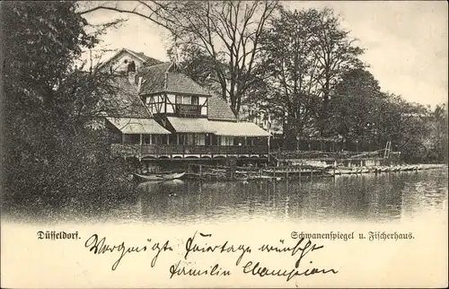 Ak Düsseldorf am Rhein, Schwanenspiegel und Fischerhaus