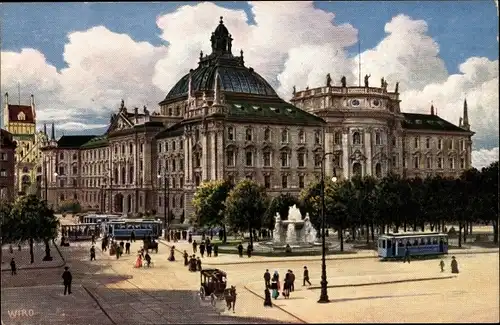 Künstler Ak München Bayern, Justizpalast, Straßenbahnen, Brunnen