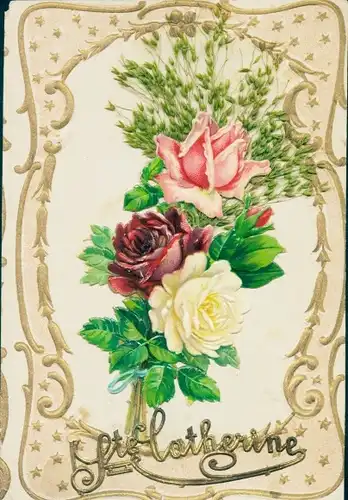 Präge Stoff Ak Sainte Catherine, Blühende Rosen, Sterne