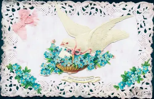 Stoff Ak Taube, Korb mit Vergissmeinnicht, Stoffschleife