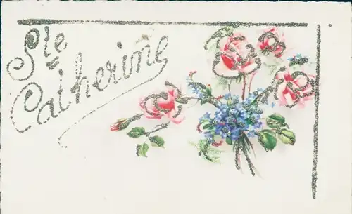 Glitzer Ak Sainte Catherine, Blumenstrauß, Rosen, Vergissmeinnicht