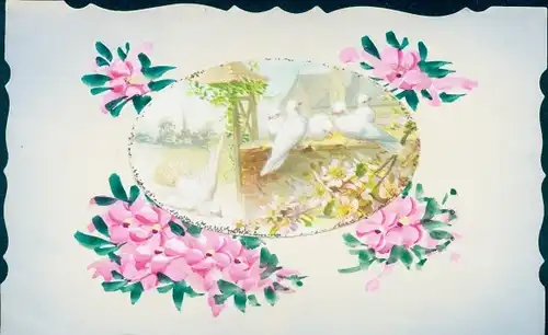 Ak Tauben, Blühende Blumen, Wohnhaus, Kitsch