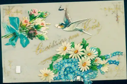 Zelluloid Ak Blumenstrauß, Schwalbe, Rosen, Vergissmeinnicht, Margeriten