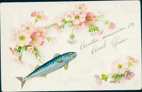 Litho Glückwunsch 1. April, Fisch, Blühende Blumen