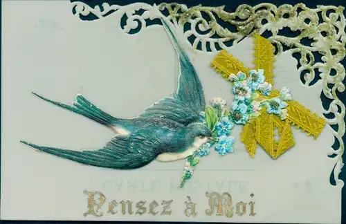 Zelluloid Ak Schwalbe, Vergissmeinnicht, Stoffschleife